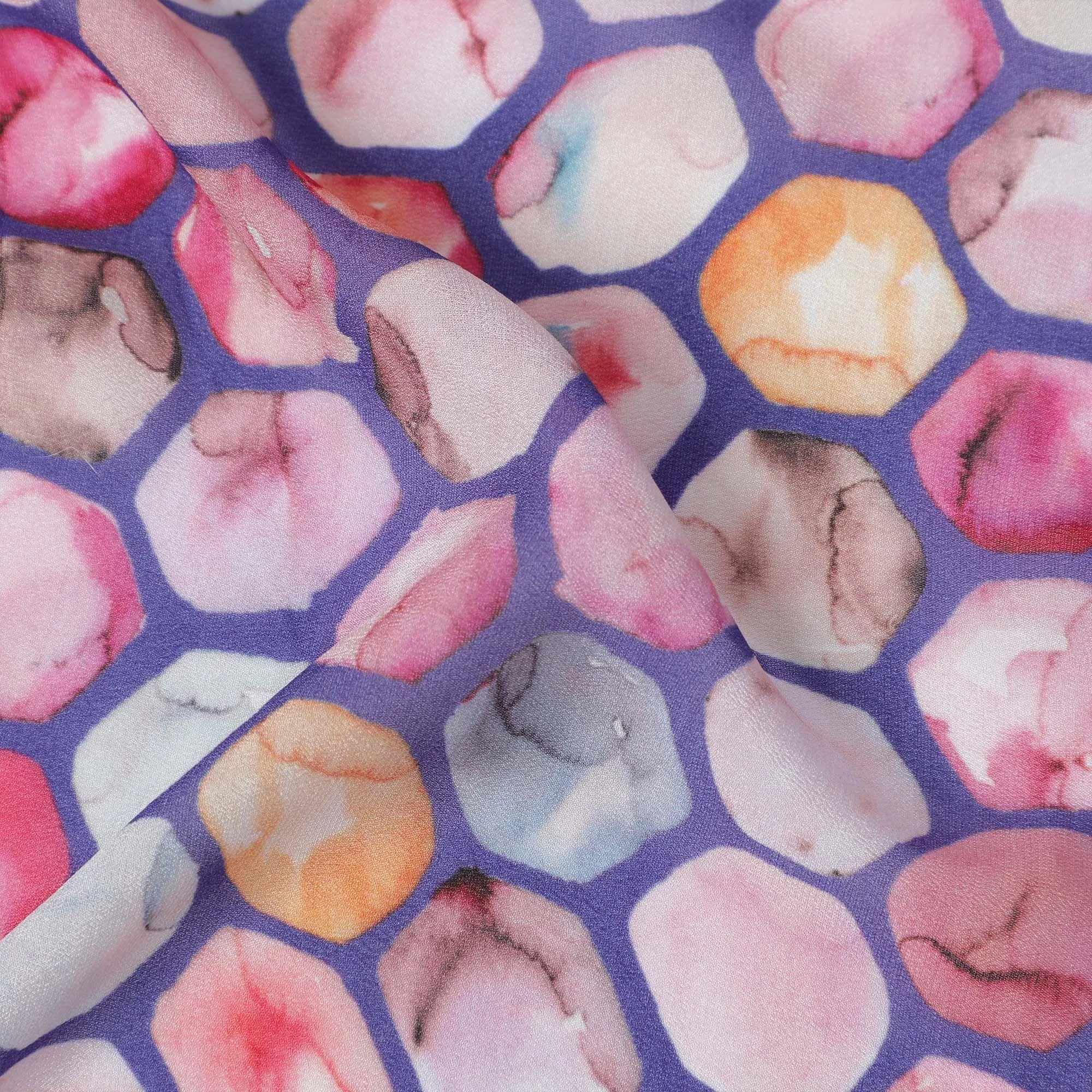 Purplish blue synthetic georgette fabric with multicolor print in geometric design-DD13314