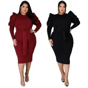 Real Queen Puff Sleeve Bodycon Dress with Belt