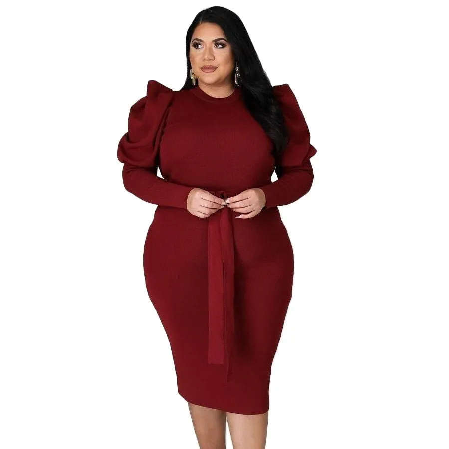 Real Queen Puff Sleeve Bodycon Dress with Belt