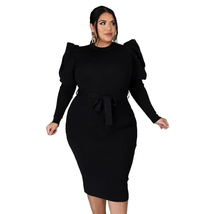 Real Queen Puff Sleeve Bodycon Dress with Belt