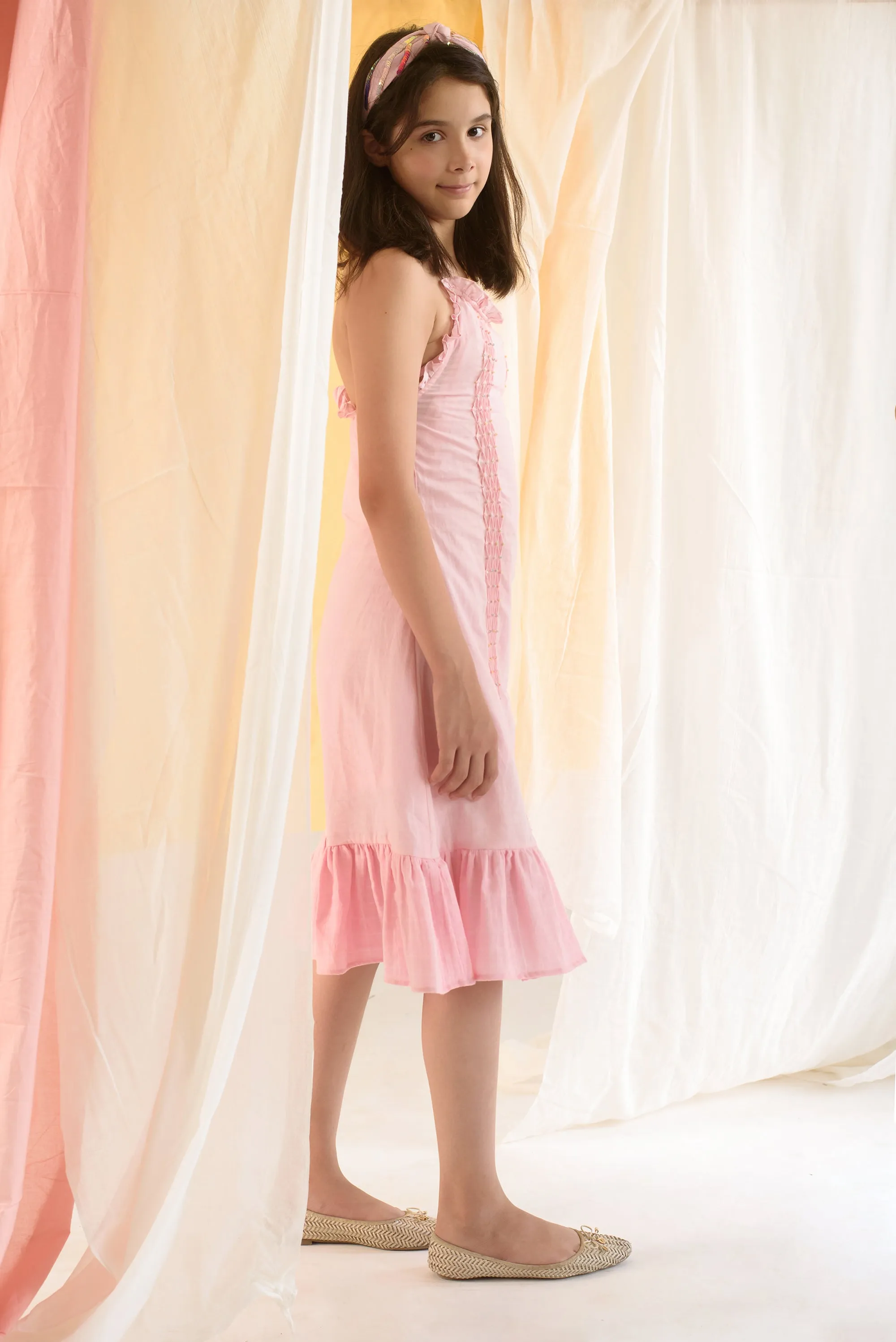 Roseate Blush- Embroidered Pin Tucks Organic Cotton Dress For Girls