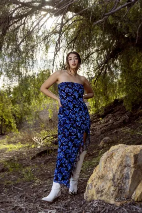 Royal Blue Multi Floral Strapless Slit Maxi Dress