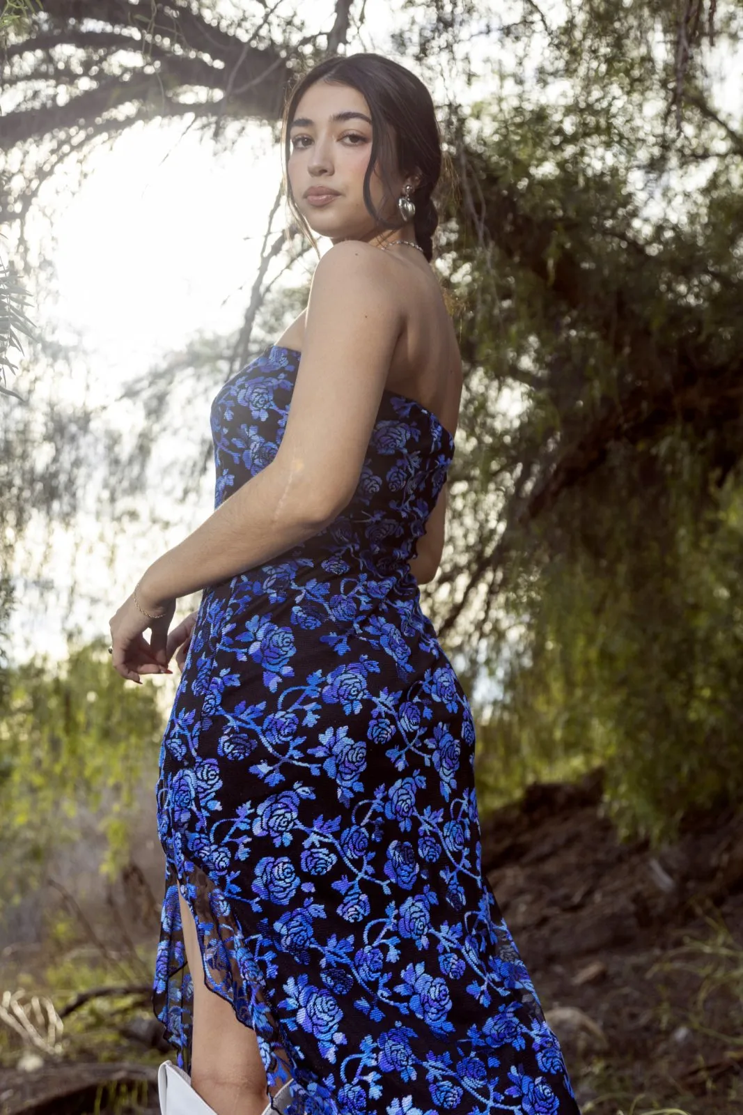 Royal Blue Multi Floral Strapless Slit Maxi Dress