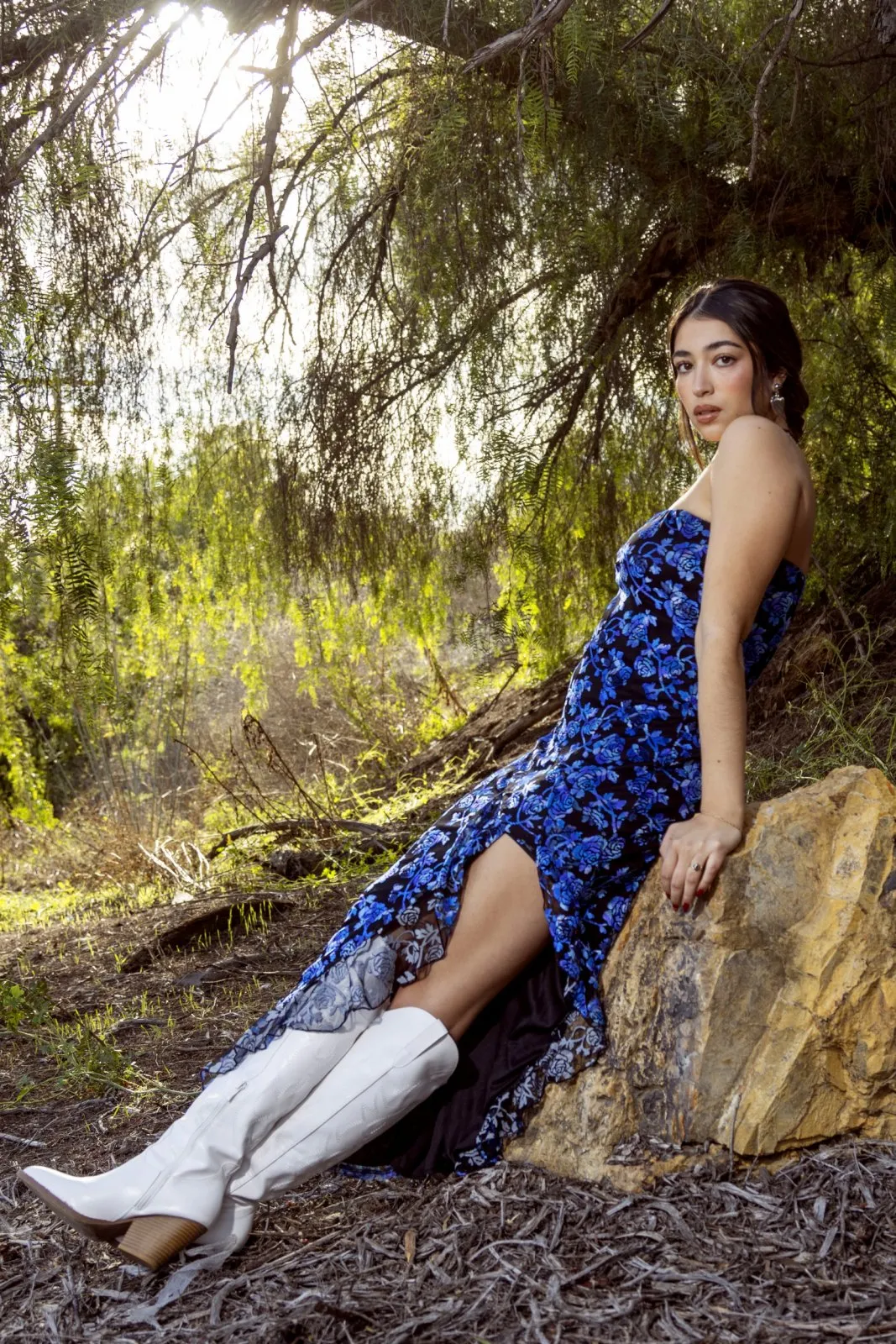 Royal Blue Multi Floral Strapless Slit Maxi Dress