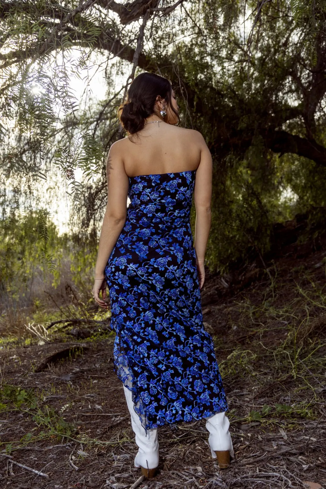 Royal Blue Multi Floral Strapless Slit Maxi Dress