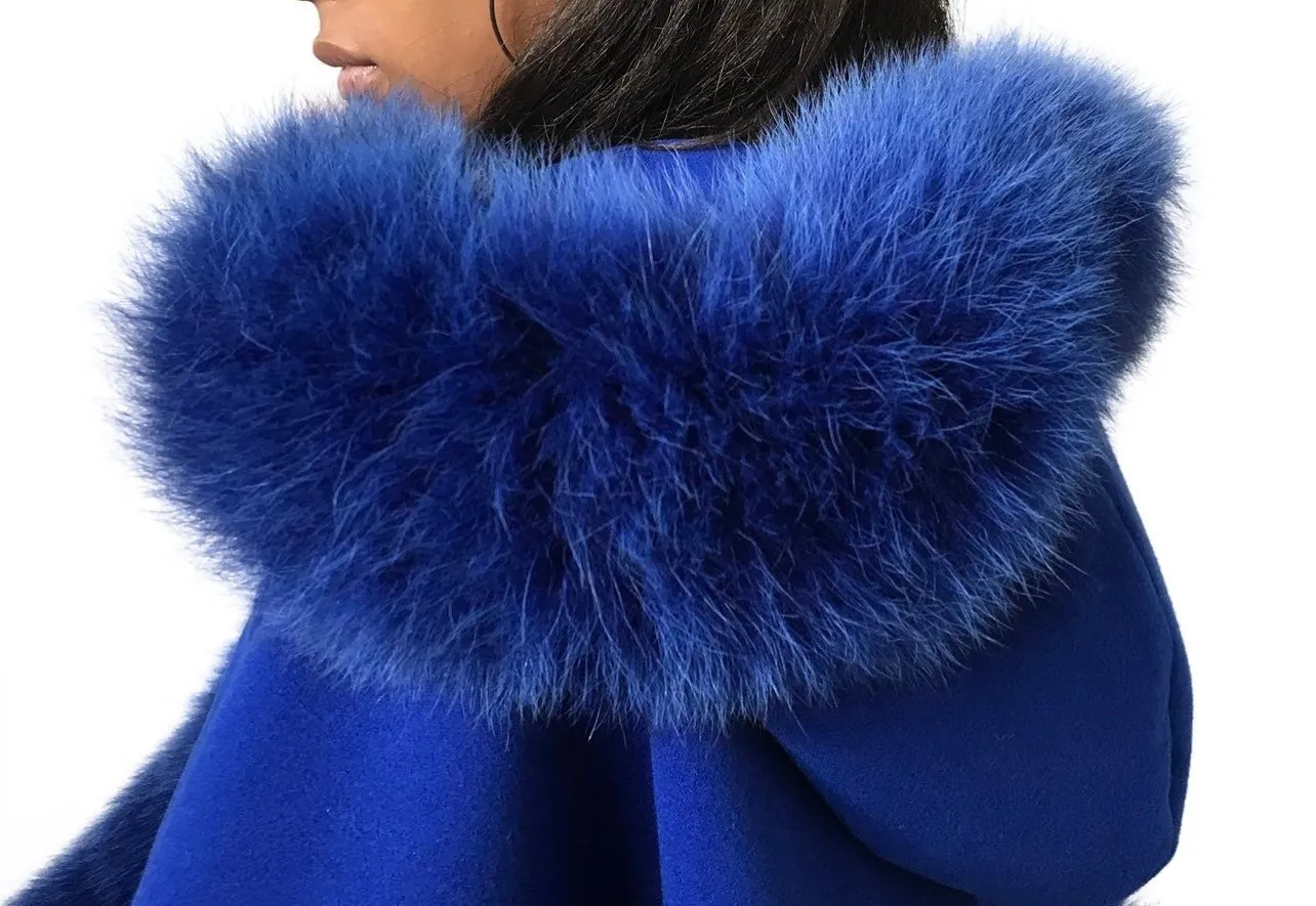 Royal Blue Women Coat Cape Trim Fox Fur, Winter Women's Shopt Jacket lined, Warm Women's coat with a hood