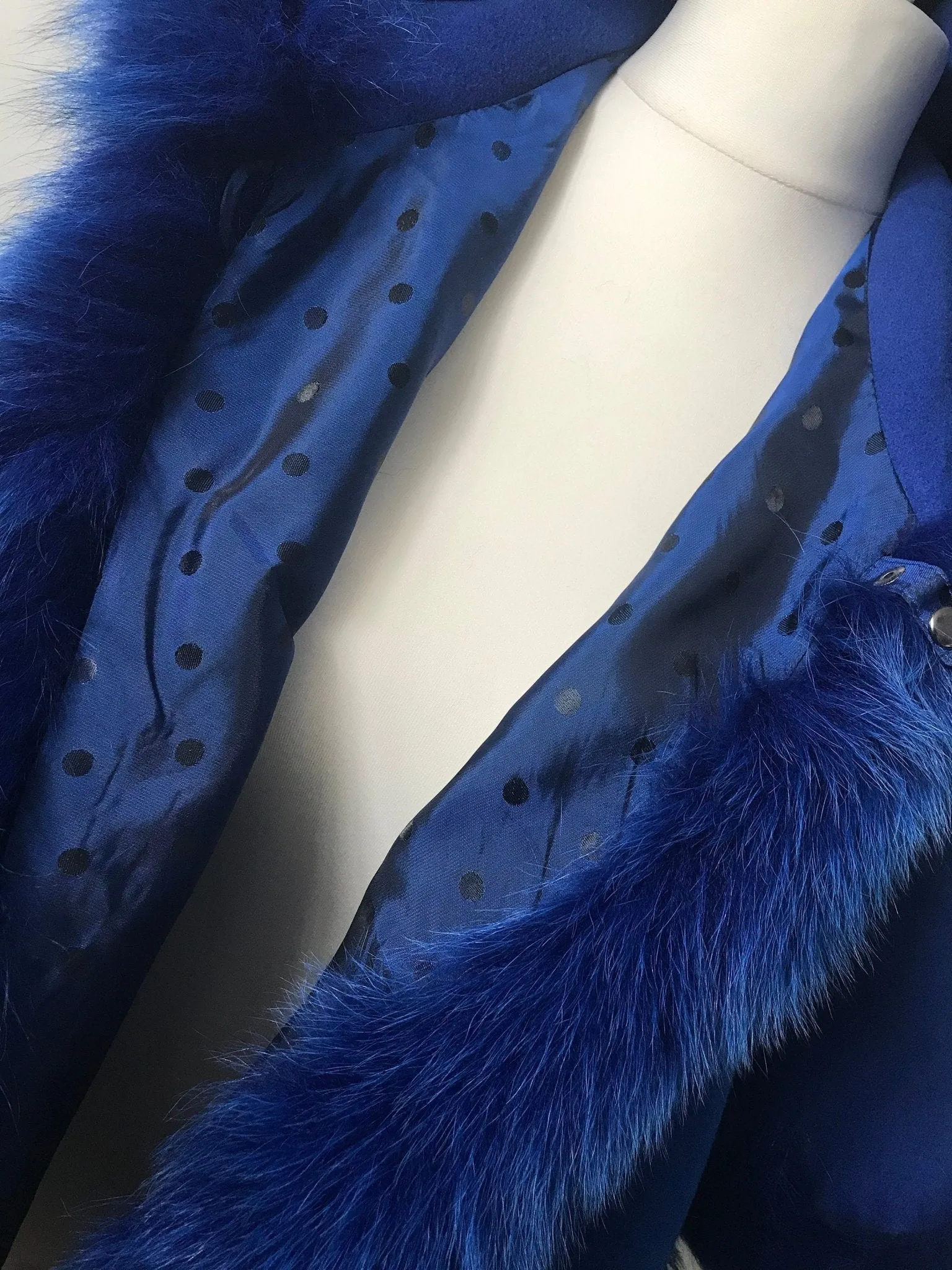 Royal Blue Women Coat Cape Trim Fox Fur, Winter Women's Shopt Jacket lined, Warm Women's coat with a hood