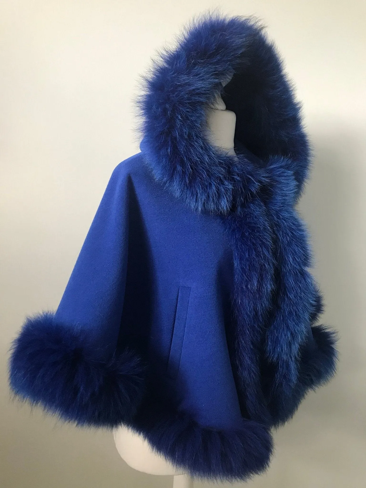Royal Blue Women Coat Cape Trim Fox Fur, Winter Women's Shopt Jacket lined, Warm Women's coat with a hood