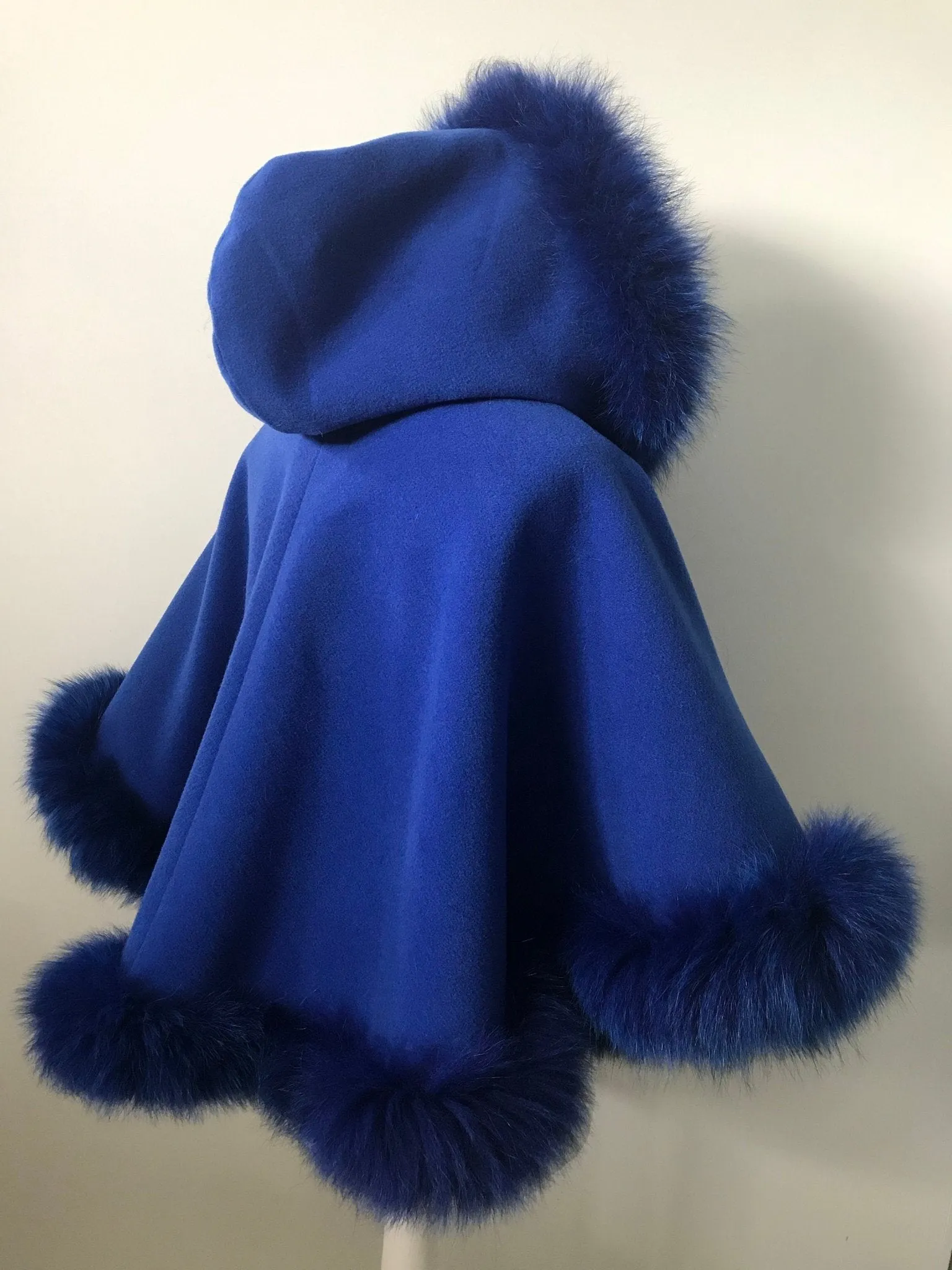 Royal Blue Women Coat Cape Trim Fox Fur, Winter Women's Shopt Jacket lined, Warm Women's coat with a hood