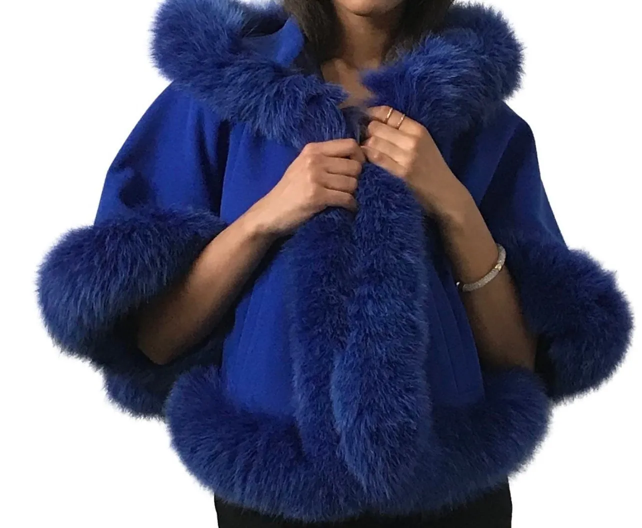 Royal Blue Women Coat Cape Trim Fox Fur, Winter Women's Shopt Jacket lined, Warm Women's coat with a hood