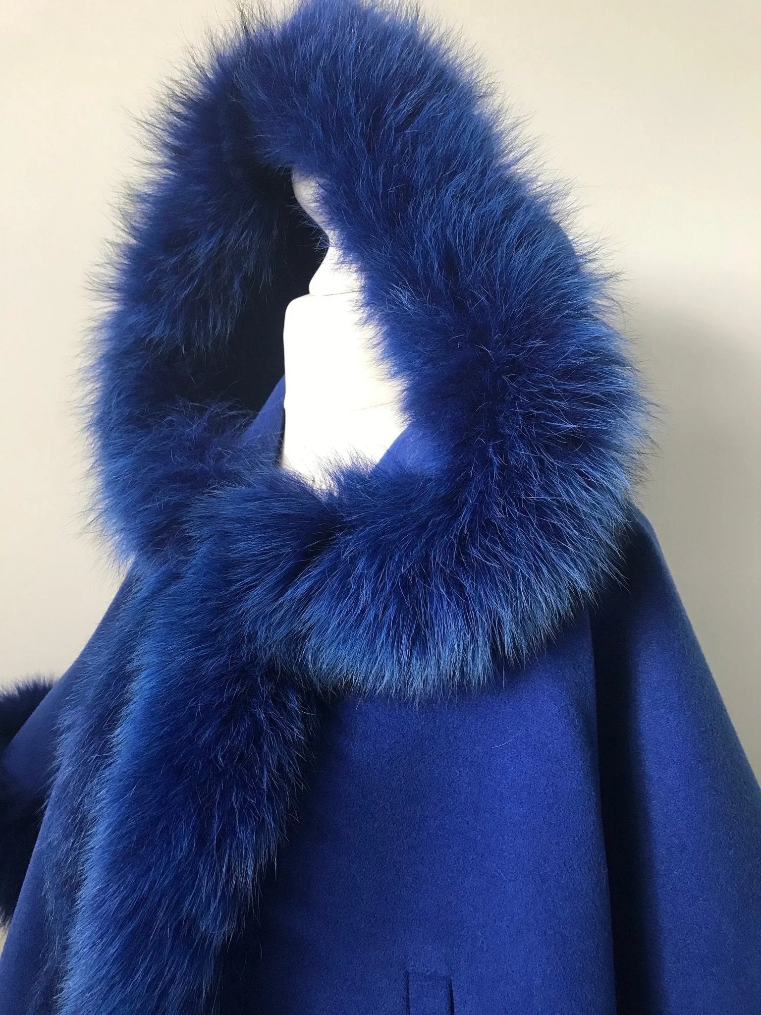 Royal Blue Women Coat Cape Trim Fox Fur, Winter Women's Shopt Jacket lined, Warm Women's coat with a hood