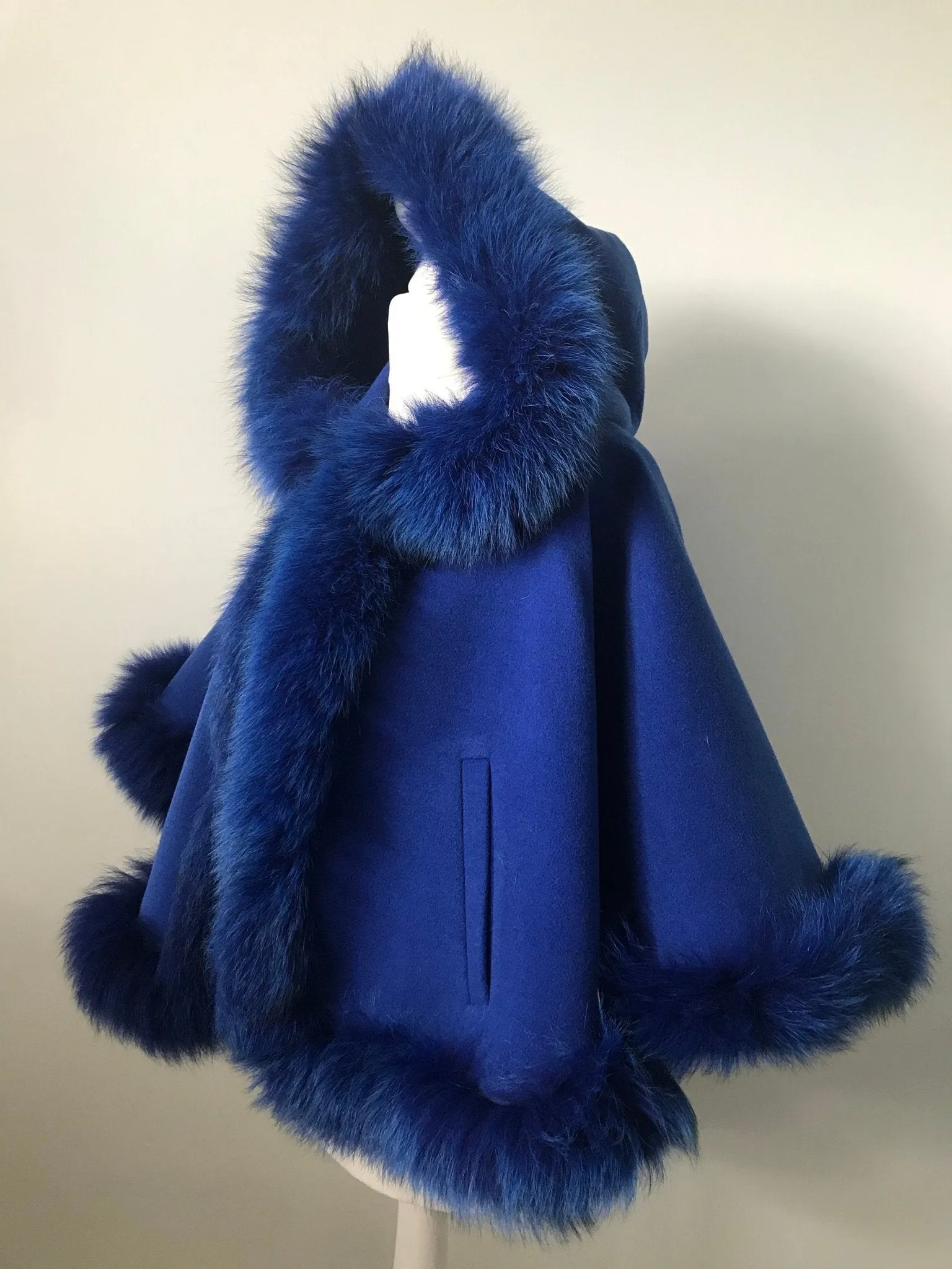 Royal Blue Women Coat Cape Trim Fox Fur, Winter Women's Shopt Jacket lined, Warm Women's coat with a hood
