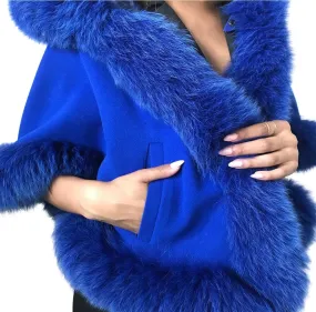 Royal Blue Women Coat Cape Trim Fox Fur, Winter Women's Shopt Jacket lined, Warm Women's coat with a hood