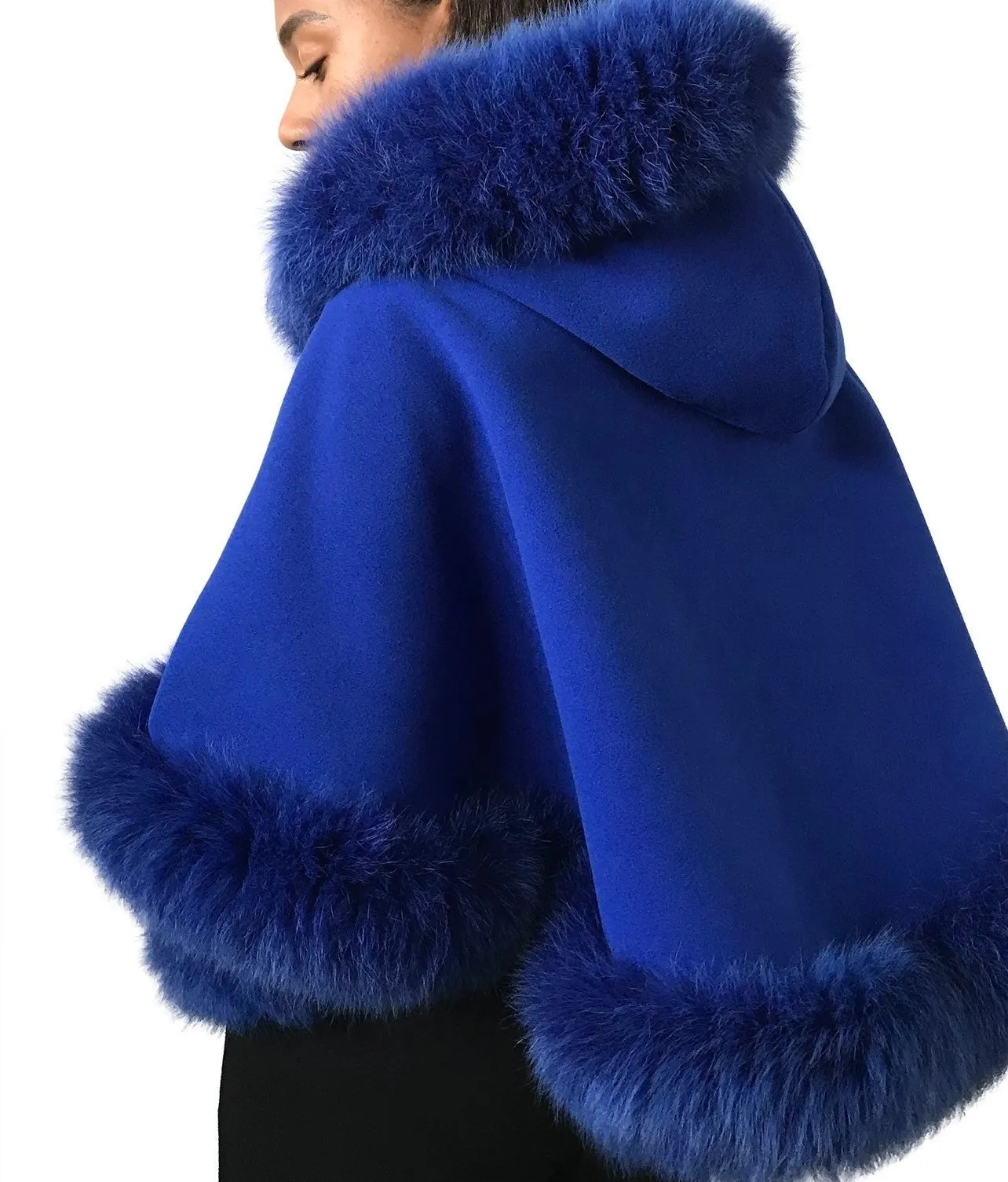 Royal Blue Women Coat Cape Trim Fox Fur, Winter Women's Shopt Jacket lined, Warm Women's coat with a hood