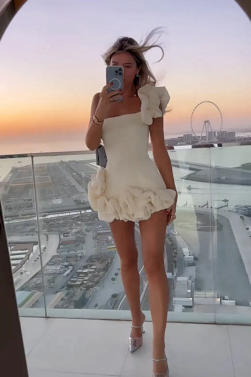 Ruffled One Shoulder Cream Bodycon Dress