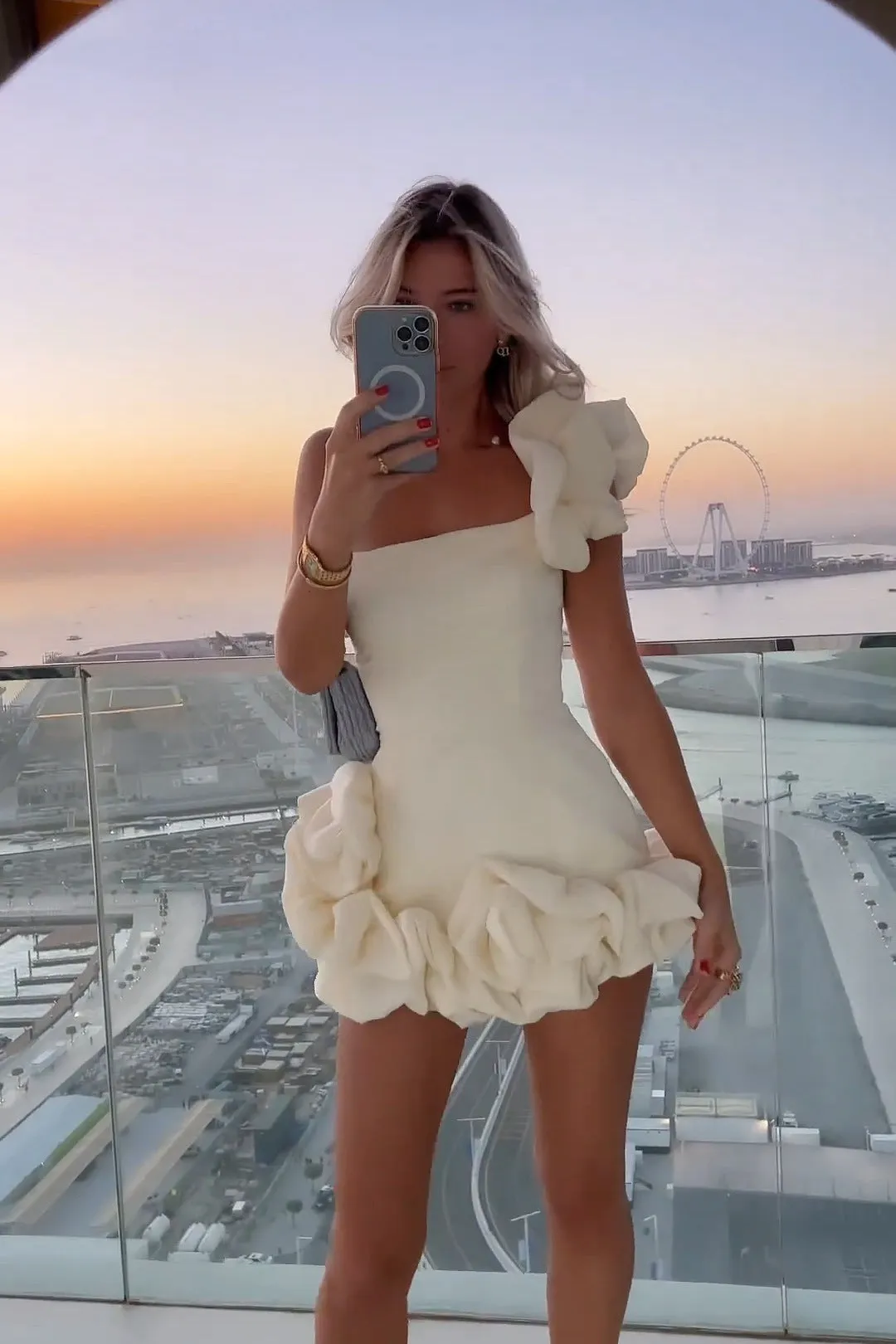 Ruffled One Shoulder Cream Bodycon Dress