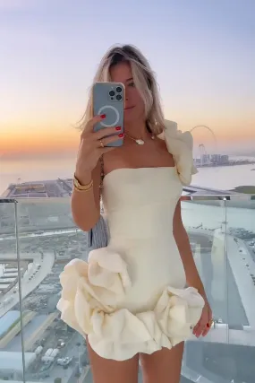 Ruffled One Shoulder Cream Bodycon Dress