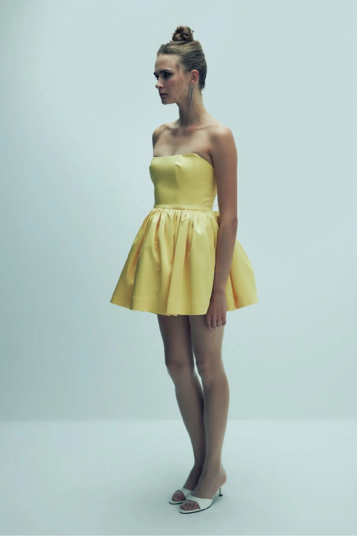 Sibby Strapless Satin Mini Dress in Marigold