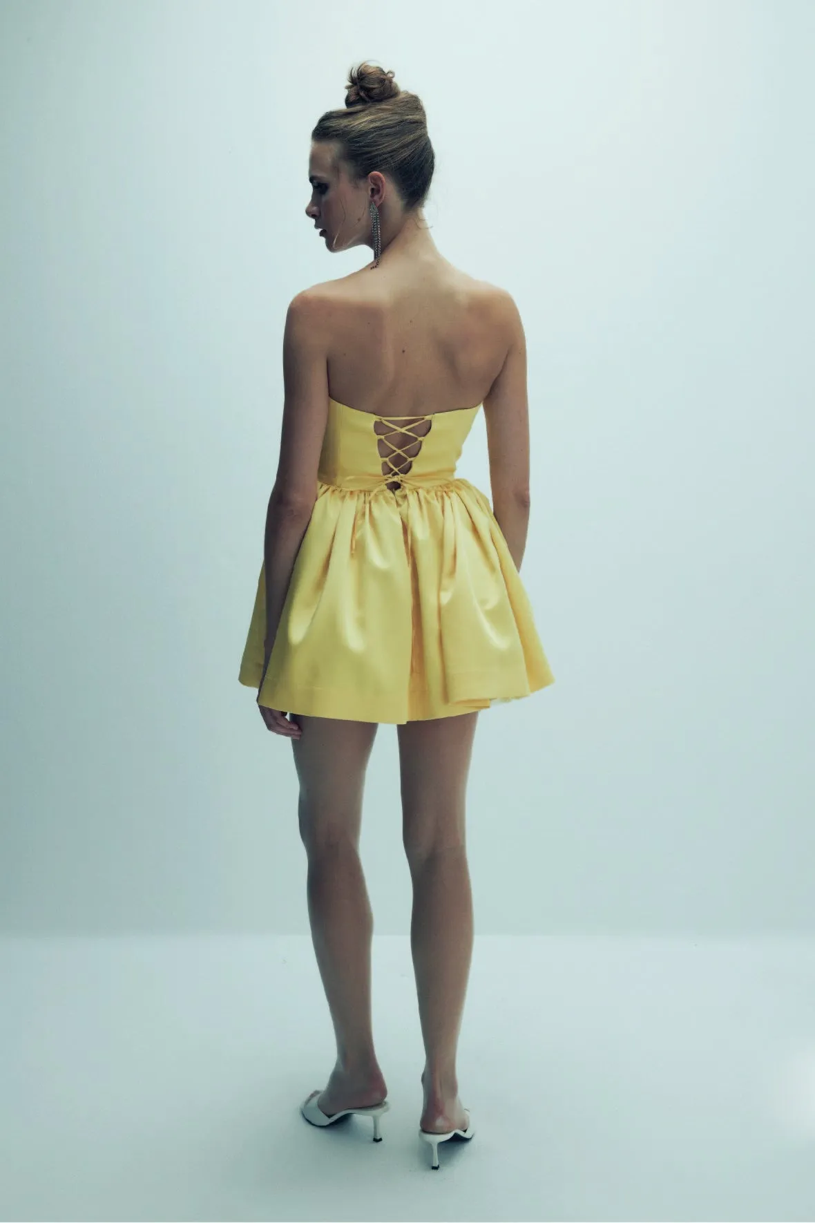 Sibby Strapless Satin Mini Dress in Marigold