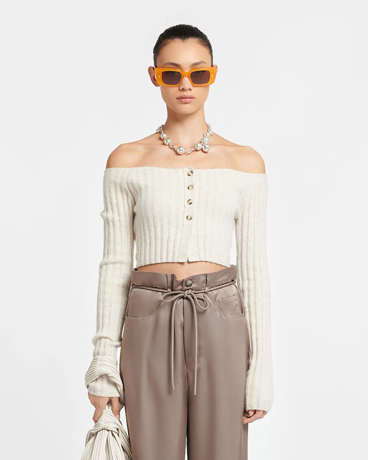 Sidone - Off-The-Shoulder Jersey Cardigan - Creme