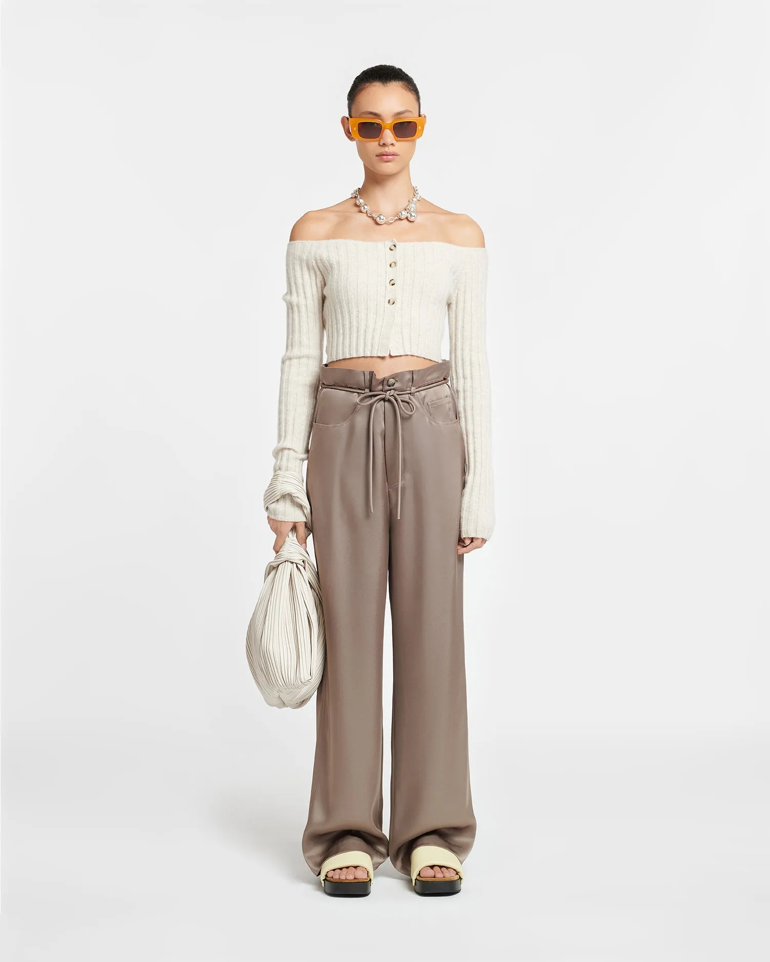 Sidone - Off-The-Shoulder Jersey Cardigan - Creme