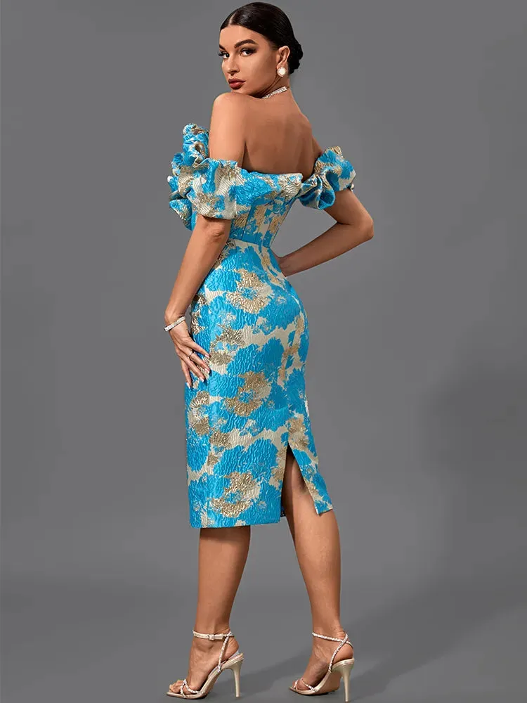Sky Blue Jacquard Bandage Midi Bodycon Dress