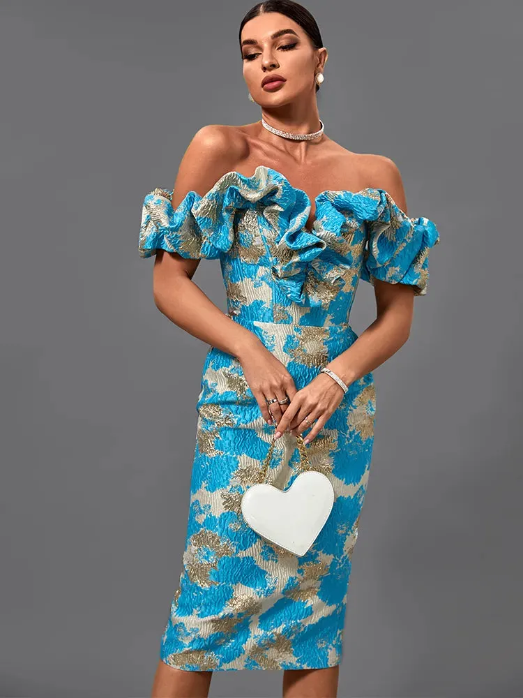 Sky Blue Jacquard Bandage Midi Bodycon Dress
