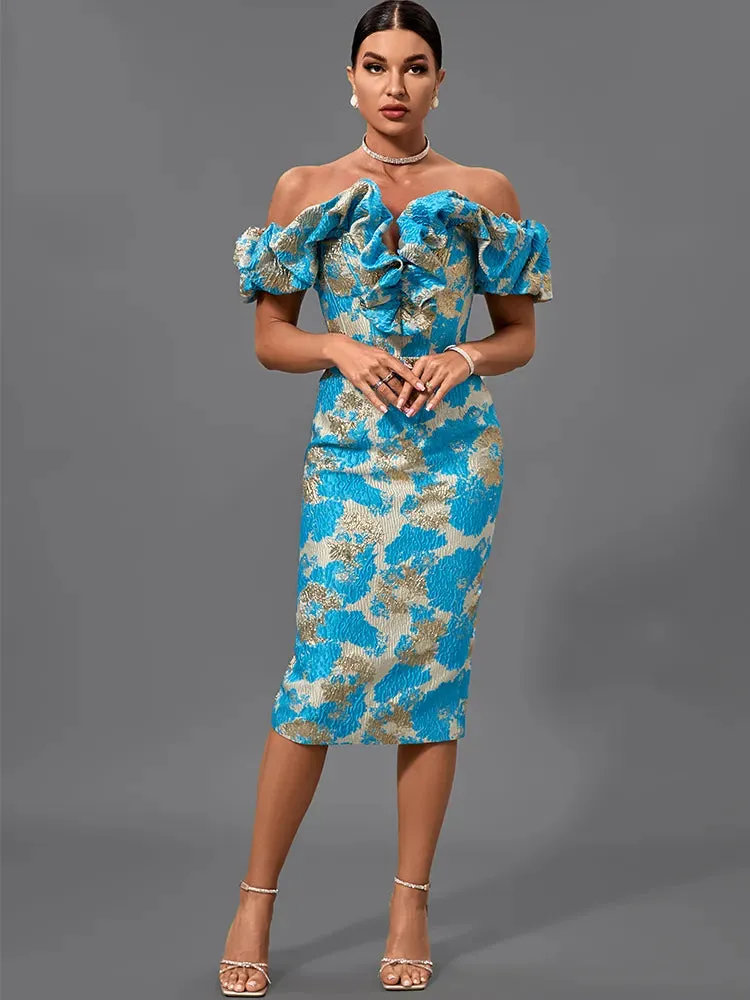 Sky Blue Jacquard Bandage Midi Bodycon Dress