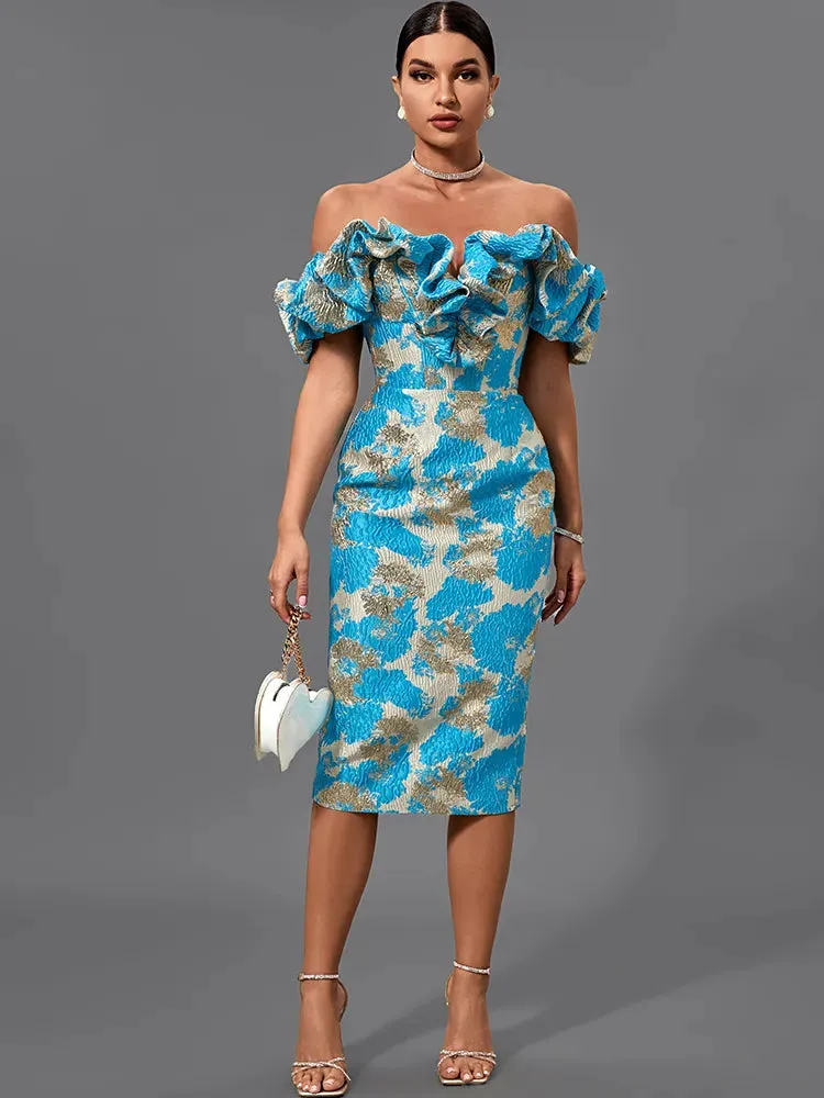 Sky Blue Jacquard Bandage Midi Bodycon Dress