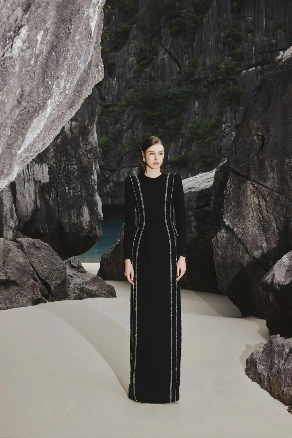 Sloane Bodycon Long Sleeved Crepe Floor Length Dress