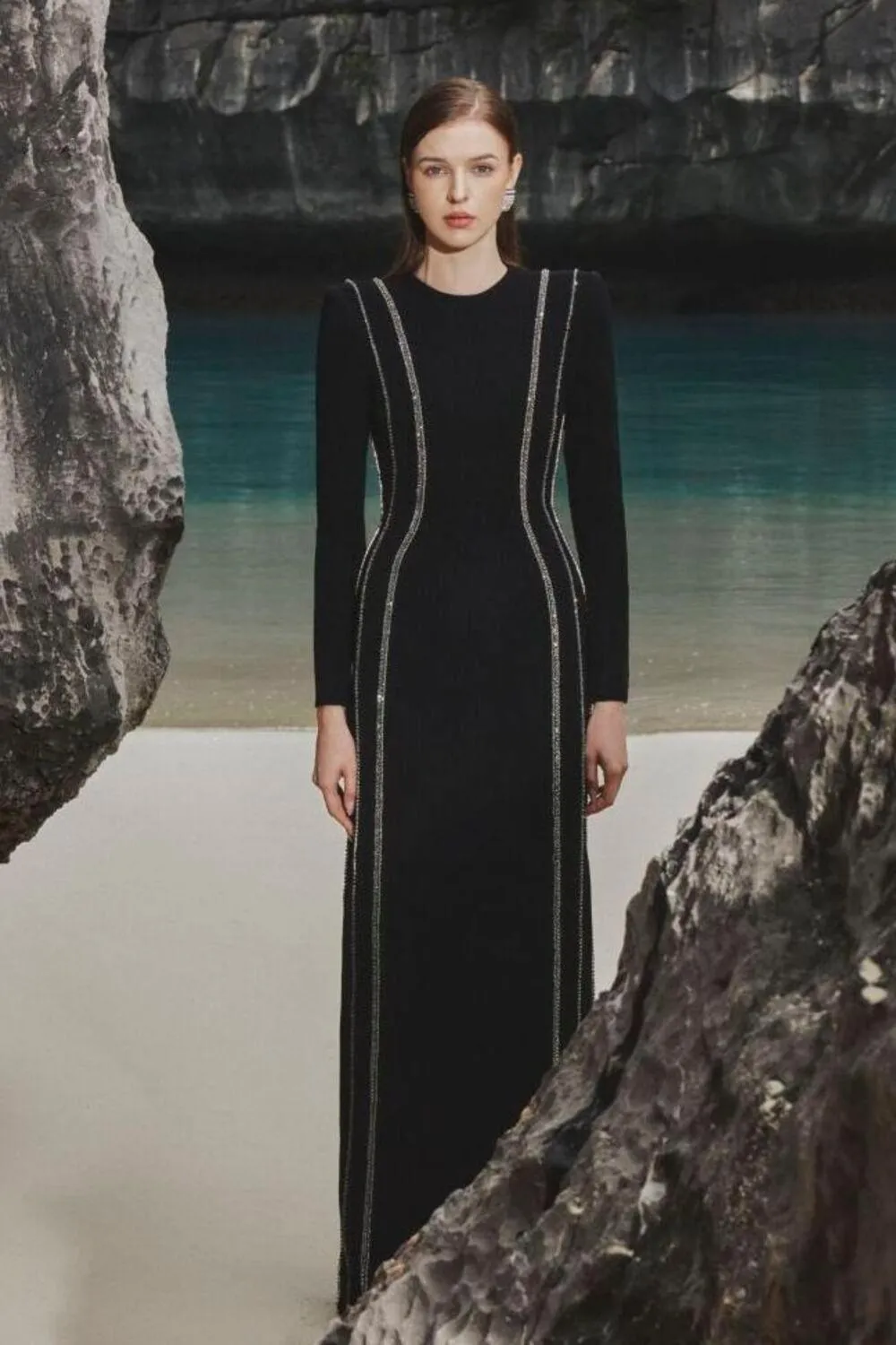 Sloane Bodycon Long Sleeved Crepe Floor Length Dress
