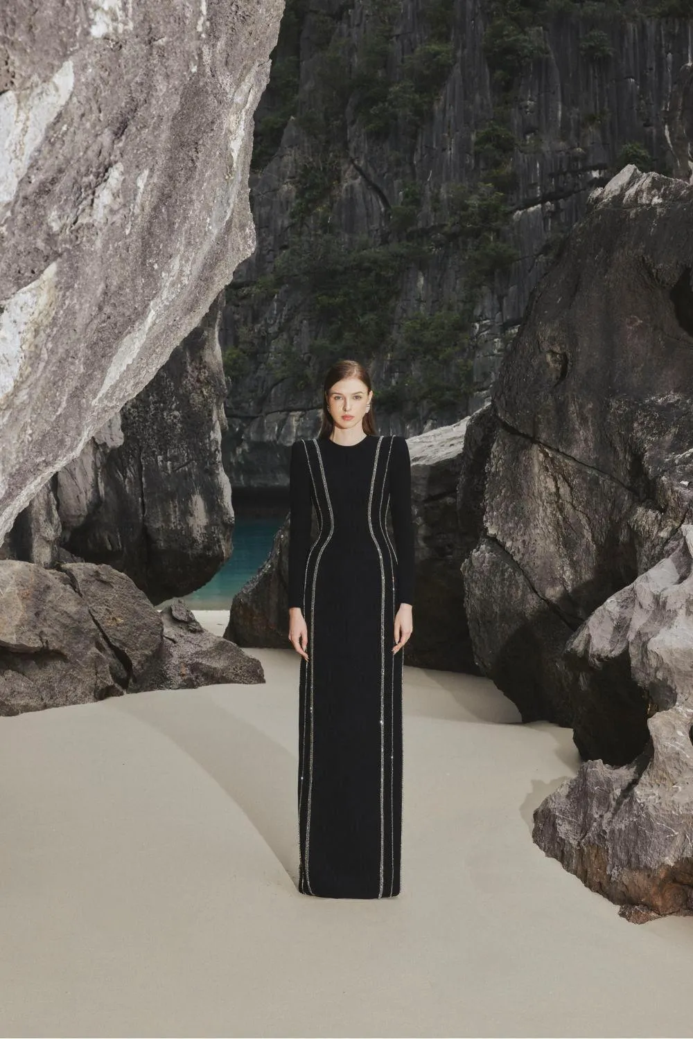 Sloane Bodycon Long Sleeved Crepe Floor Length Dress