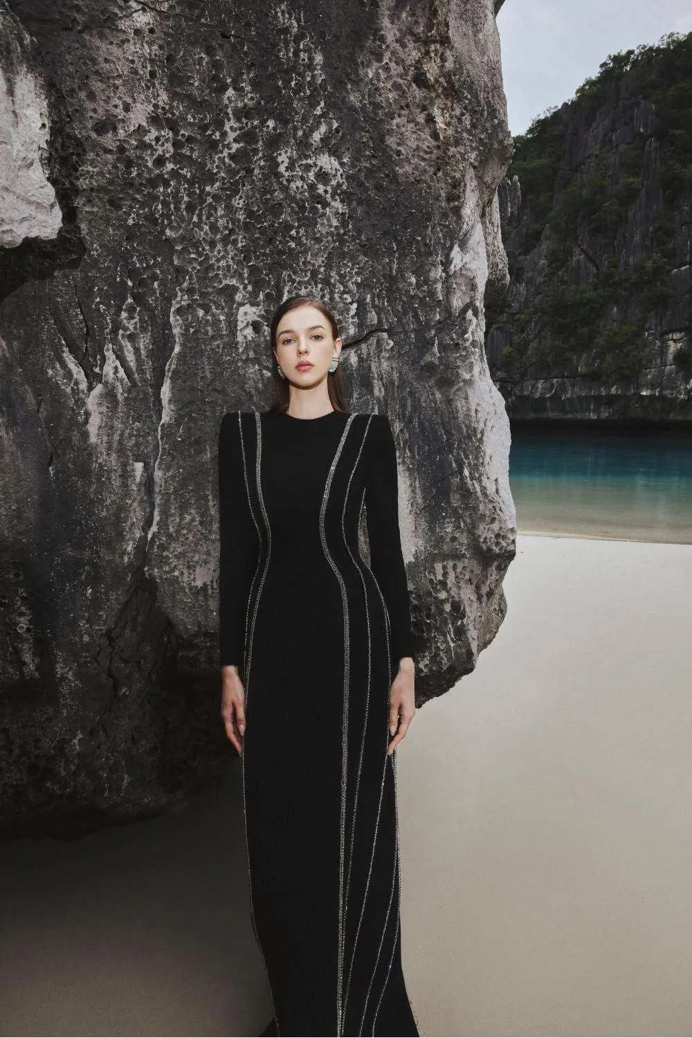 Sloane Bodycon Long Sleeved Crepe Floor Length Dress