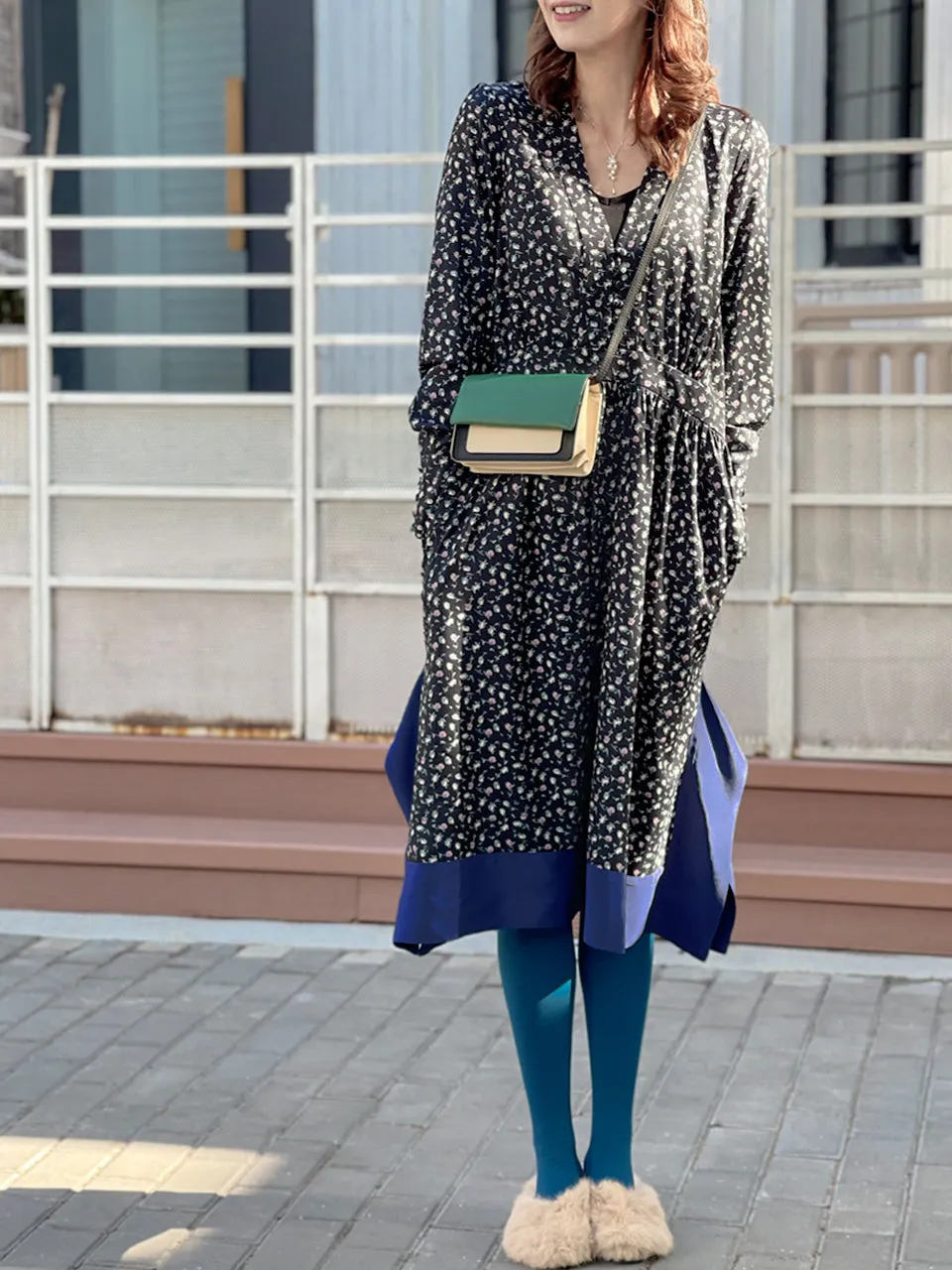 Surprise Sale! Floral-print Silky Panelled V-neck Handkerchief Dress