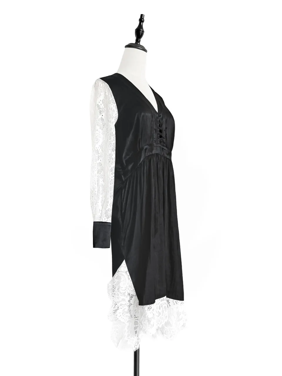 Surprise Sale! Satin Black Lace Panelled V-neck Handkerchief Dress