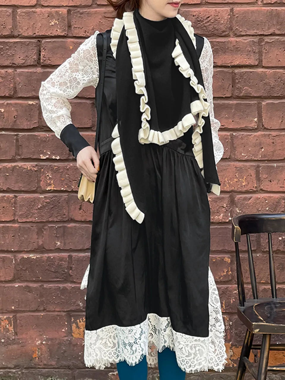 Surprise Sale! Satin Black Lace Panelled V-neck Handkerchief Dress