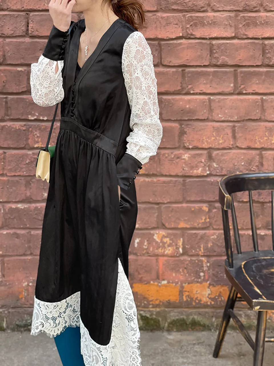 Surprise Sale! Satin Black Lace Panelled V-neck Handkerchief Dress