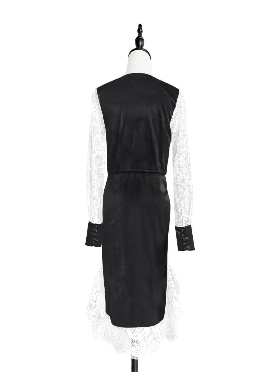 Surprise Sale! Satin Black Lace Panelled V-neck Handkerchief Dress
