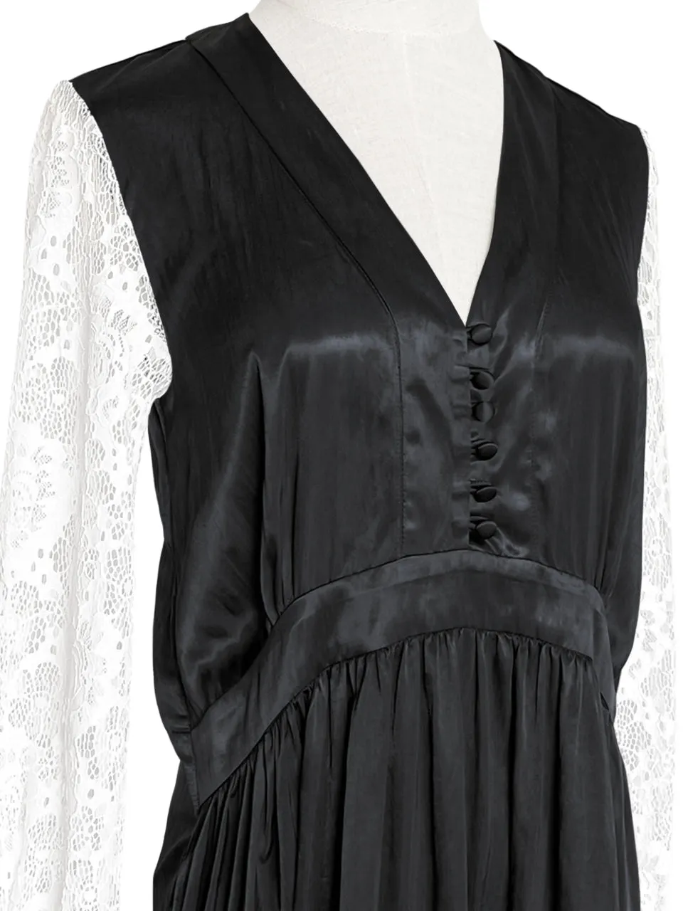 Surprise Sale! Satin Black Lace Panelled V-neck Handkerchief Dress
