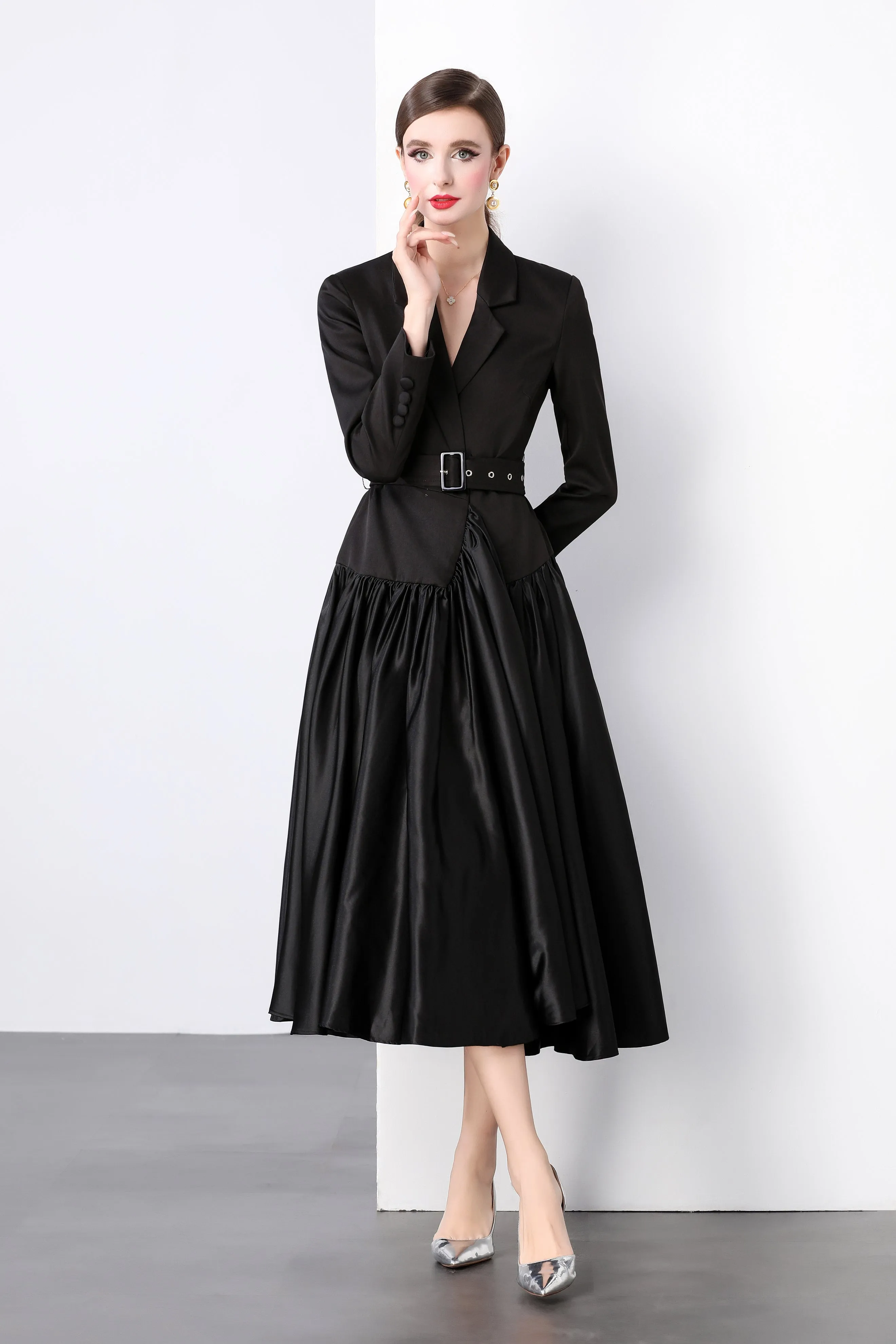 V-neck Belt Patchwork Satin Suit Dress