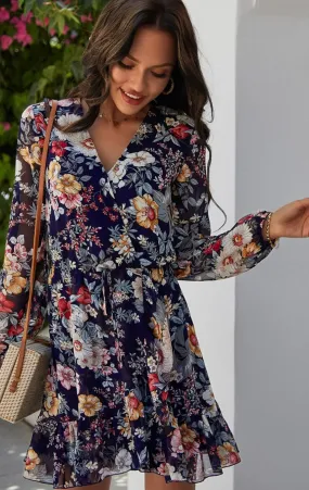 V neck floral ruffle dress