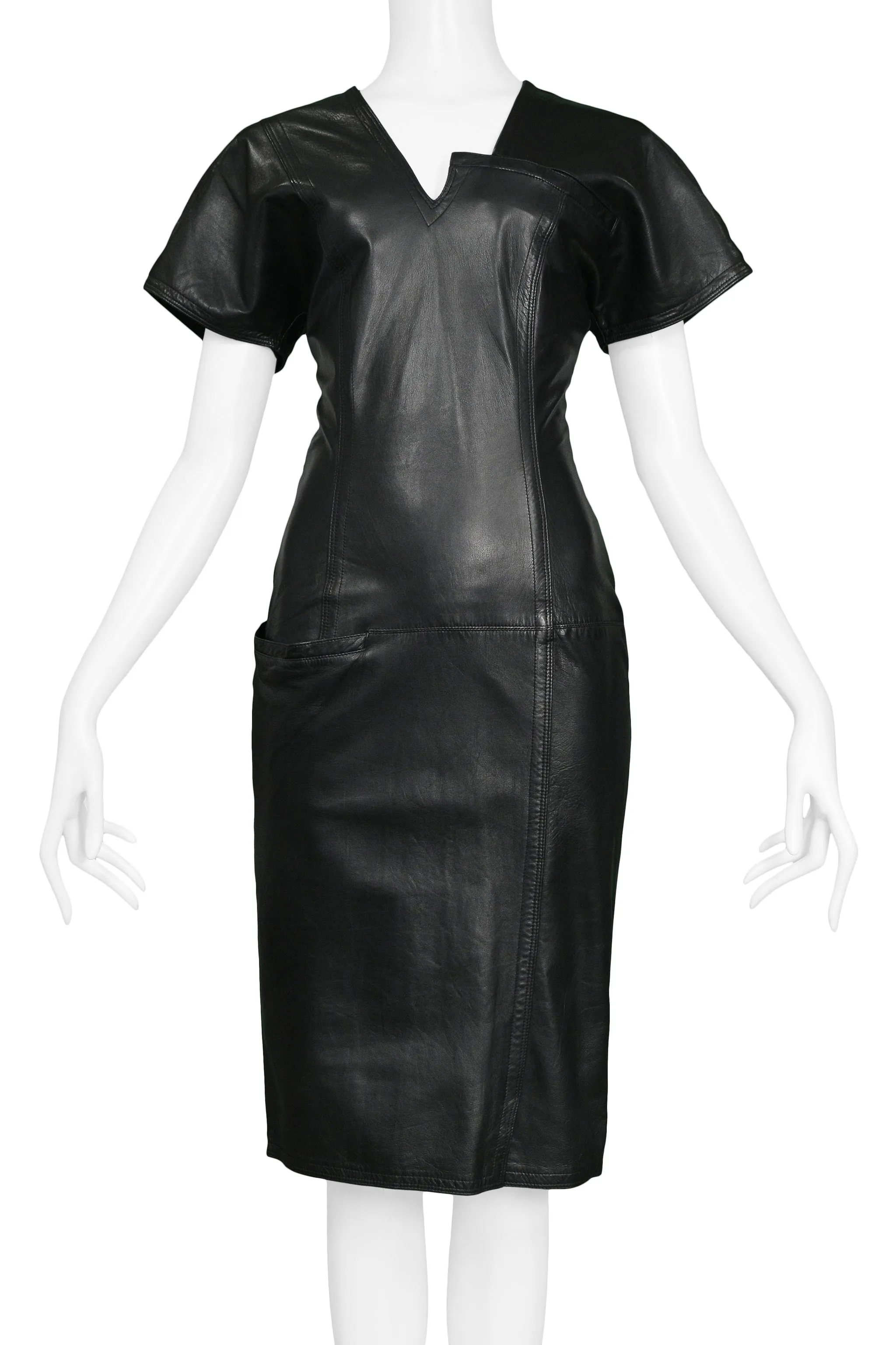 VERSACE BLACK ASYMMETRICAL LEATHER DRESS 1990s