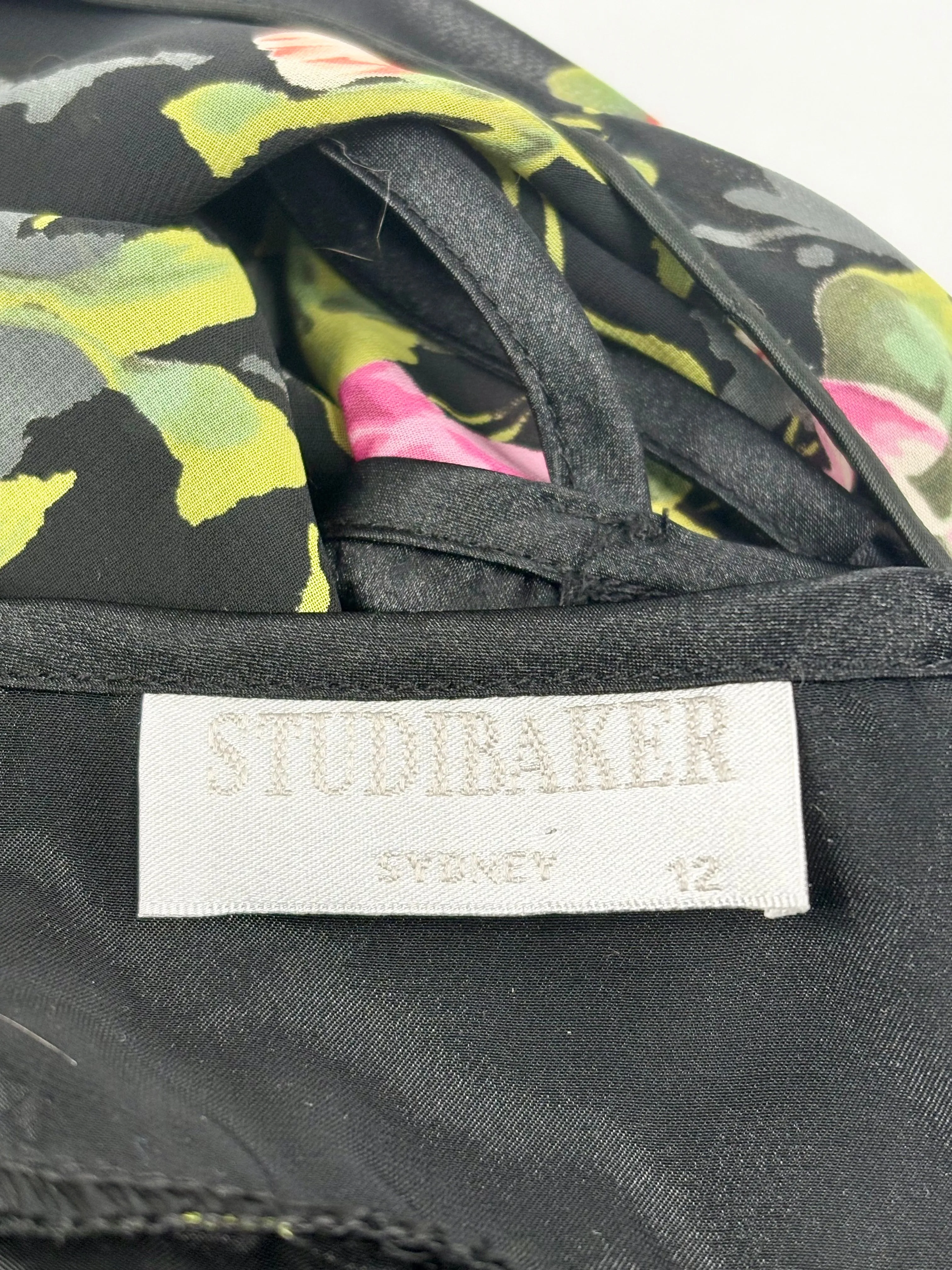 Vintage 90s Studibaker Black Floral Ruched & Pleated Midi Dress - AU10/12