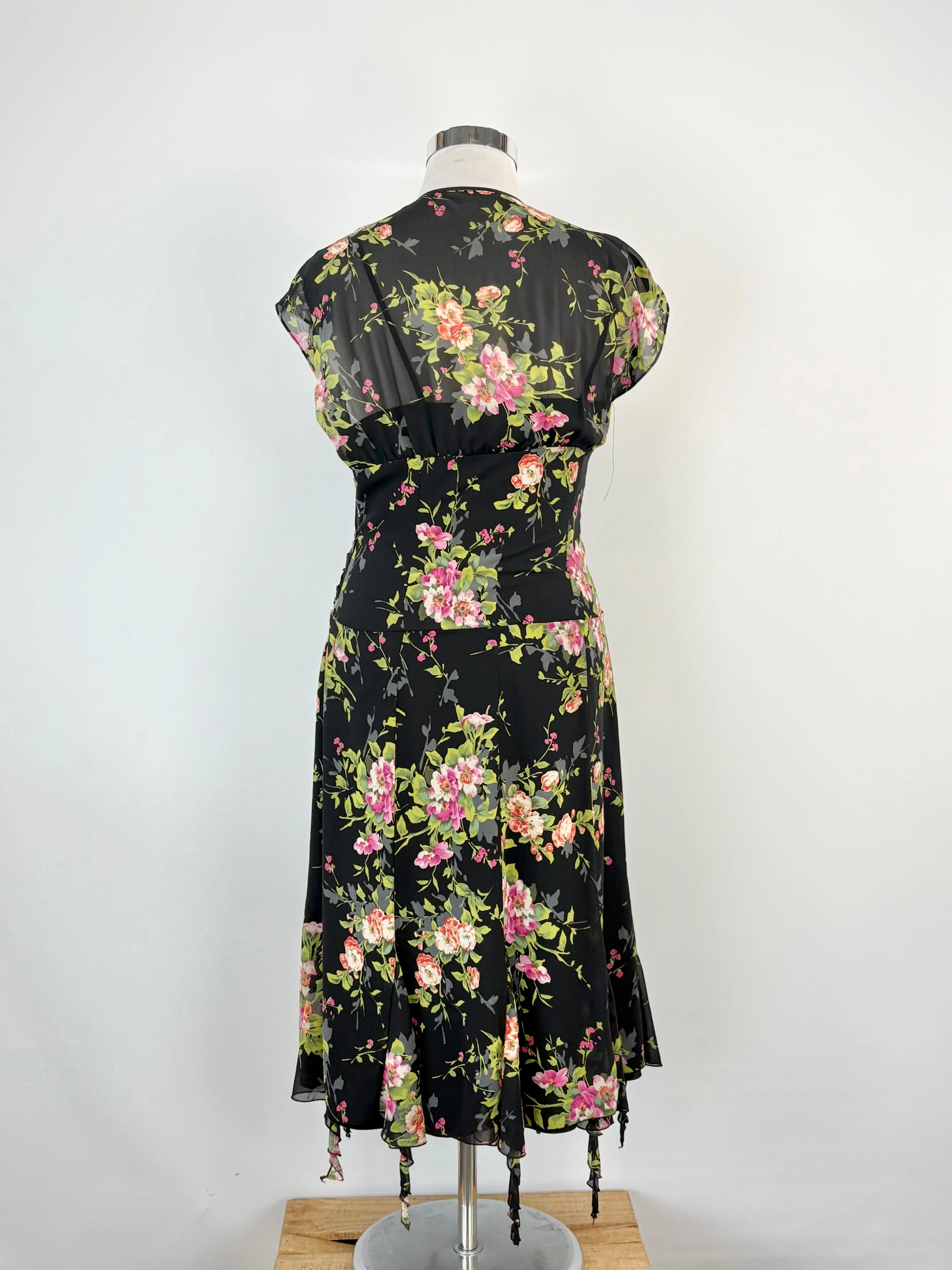 Vintage 90s Studibaker Black Floral Ruched & Pleated Midi Dress - AU10/12