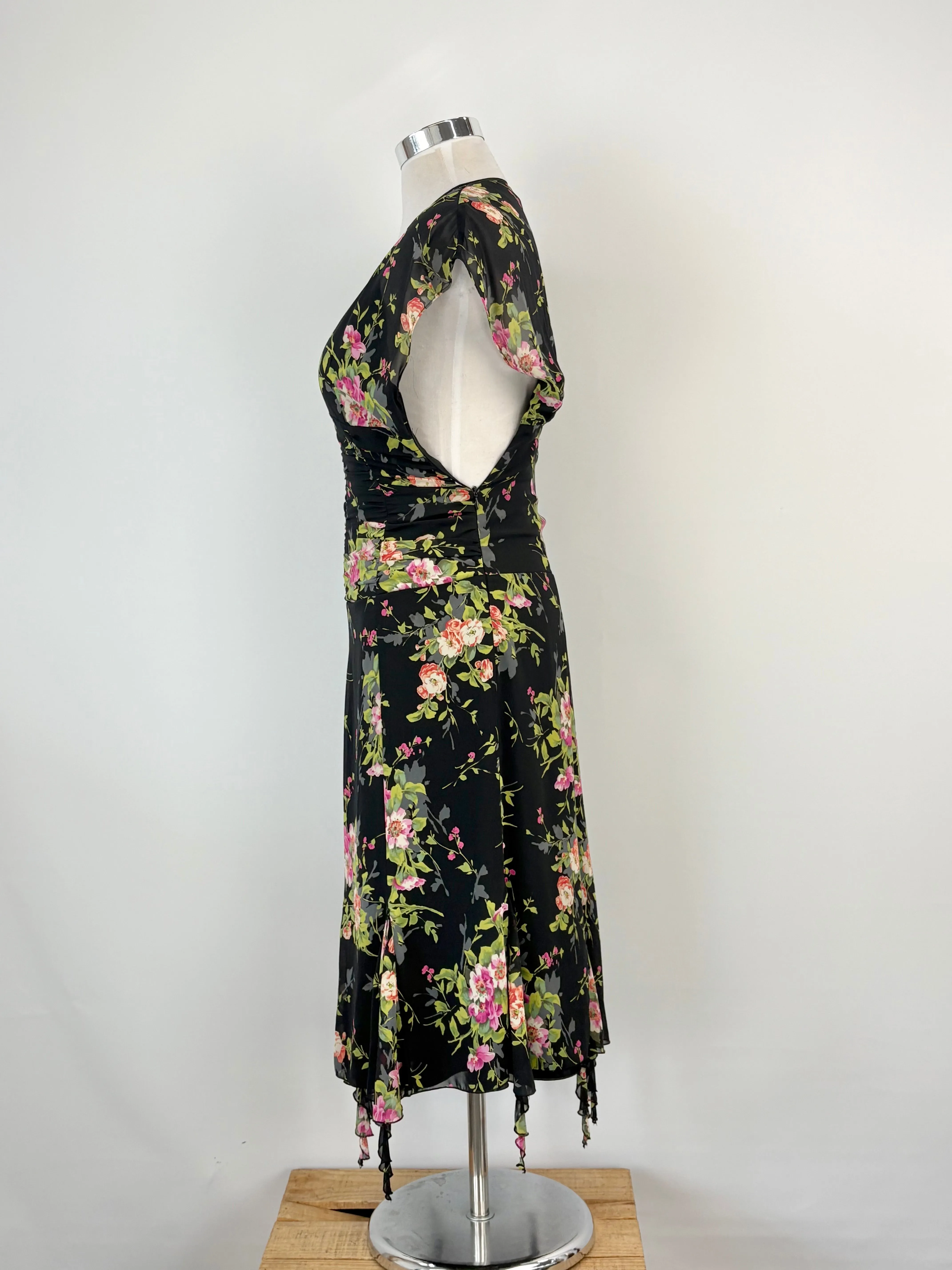 Vintage 90s Studibaker Black Floral Ruched & Pleated Midi Dress - AU10/12