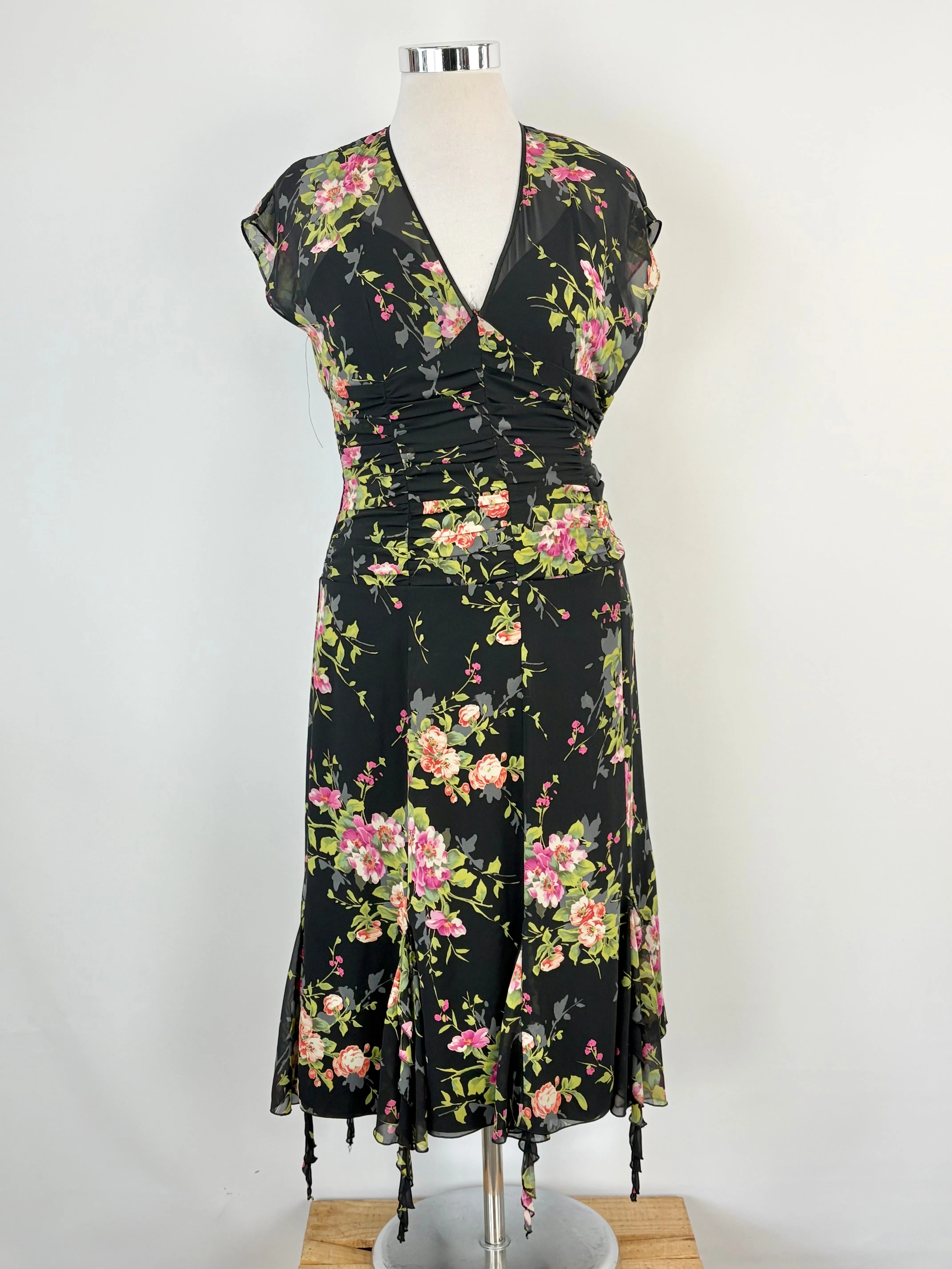 Vintage 90s Studibaker Black Floral Ruched & Pleated Midi Dress - AU10/12