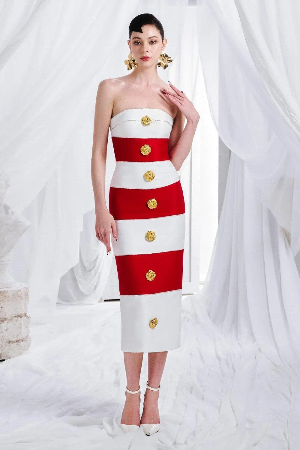 Virginia Strapless Button Organdy Midi Dress