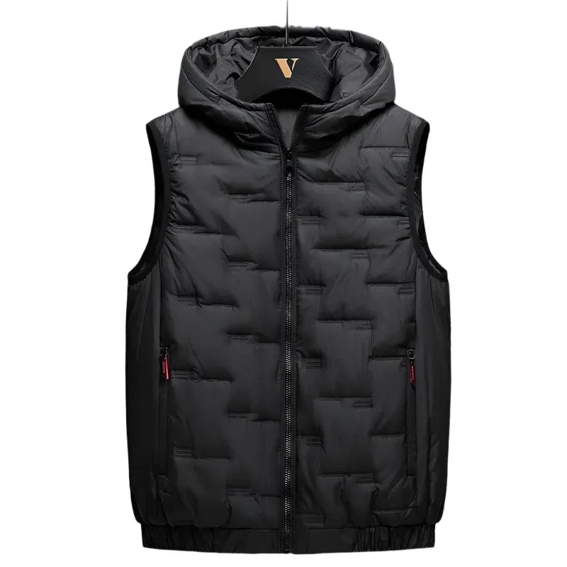 Winter Men's Warm Hooded Vest Jacket - Rectangular Embossed Down Cotton Design