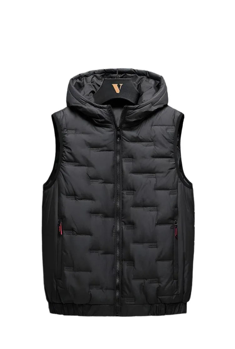 Winter Men's Warm Hooded Vest Jacket - Rectangular Embossed Down Cotton Design