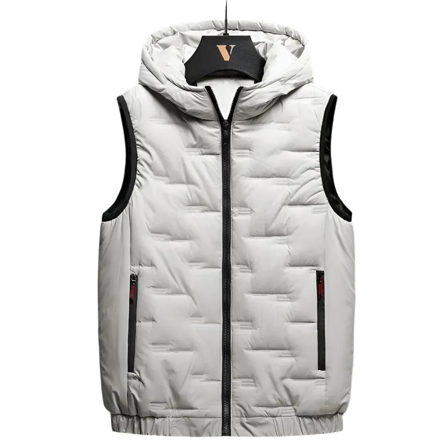 Winter Men's Warm Hooded Vest Jacket - Rectangular Embossed Down Cotton Design